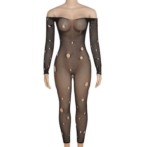 Off Shoulder Fishnet Jumpsuit With Holes