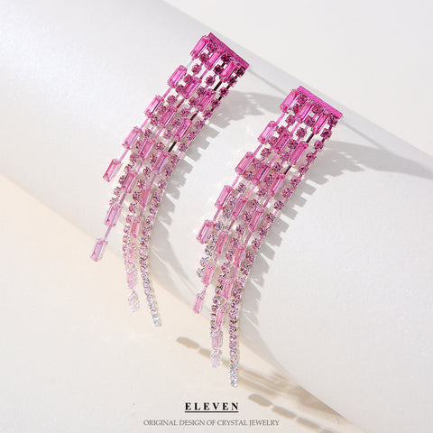 Inlaid Zircon Earrings Pink Chain