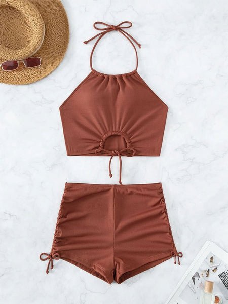 Drawstring Halter Shorts Swim Set