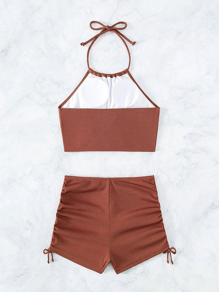 Drawstring Halter Shorts Swim Set