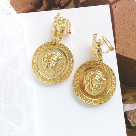 Lion Head Medallion Clip Earrings