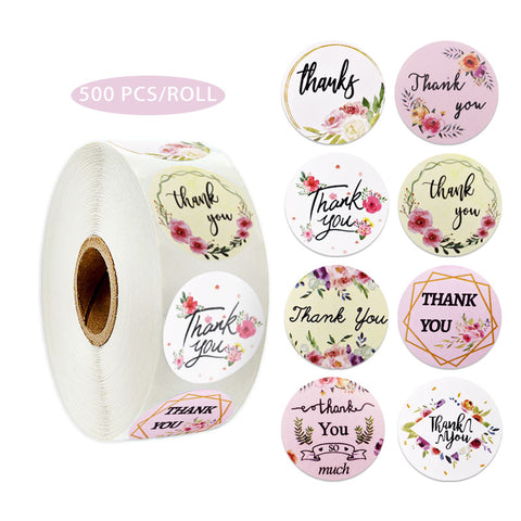 Pink Round Floral Thank You Stickers