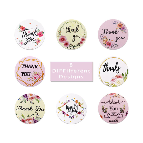 Pink Round Floral Thank You Stickers