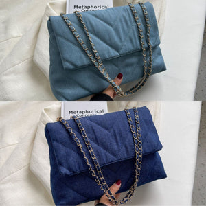 Denim Embroidered Chain Strap Shoulder Bag