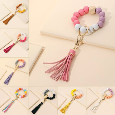 Tassel Wood Bead Bracelet Key Chain