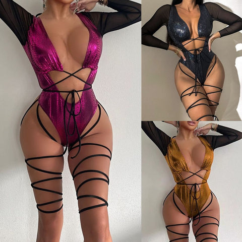 Long Sleeve 1 Piece Strappy Metallic Swimsuit