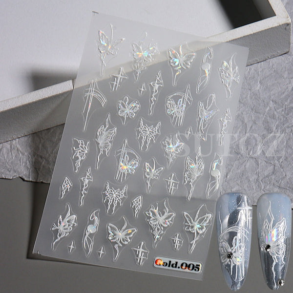 White Butterfly Laser Glazed Nail Art Stickers