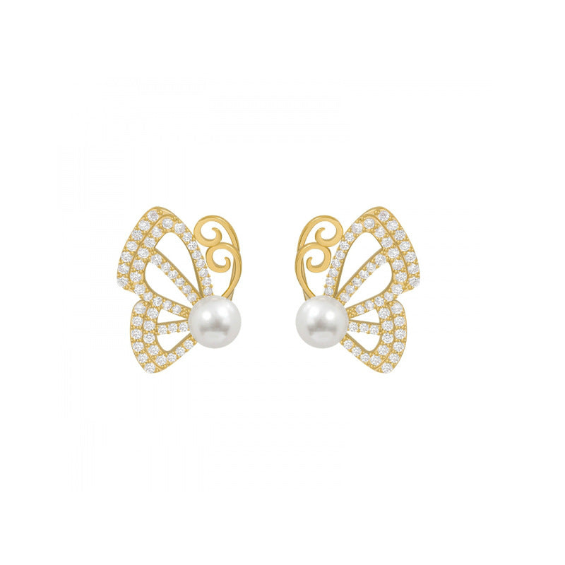 Full Diamond and Pearl Half Butterfly Earrings