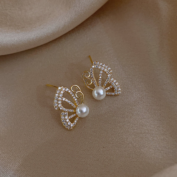 Full Diamond and Pearl Half Butterfly Earrings