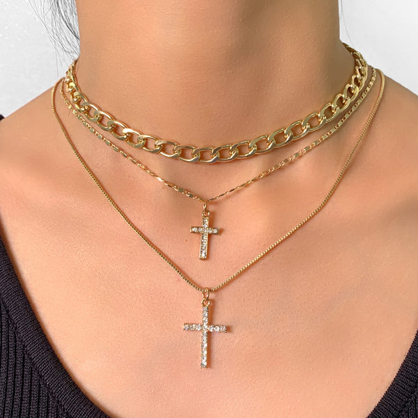 Layered Gold Cross Pendant Necklace