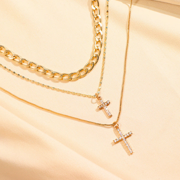 Layered Gold Cross Pendant Necklace