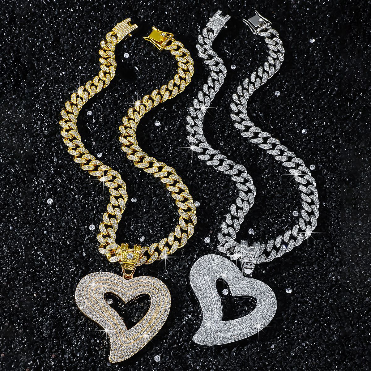 Hip Hop Heart Pendant Cuban Chain