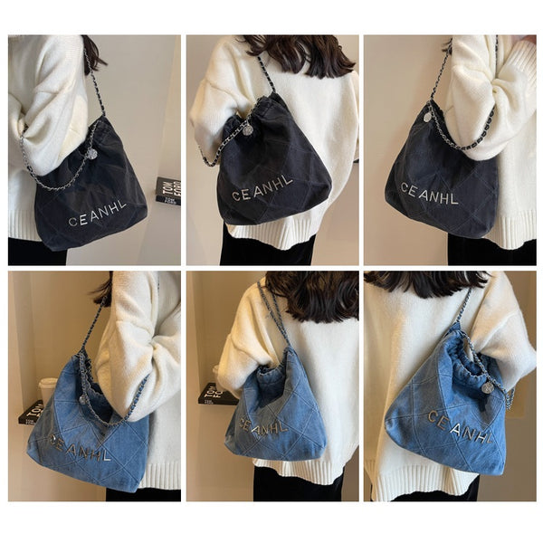 Denim Diamond Embroidery Chain Strap Bucket Bag