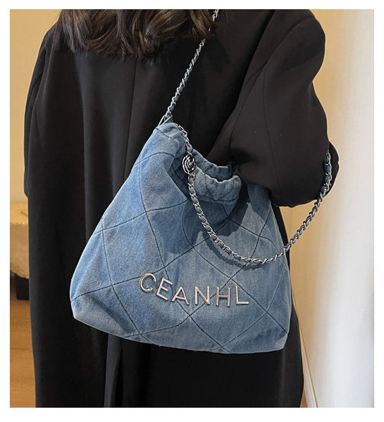 Denim Diamond Embroidery Chain Strap Bucket Bag