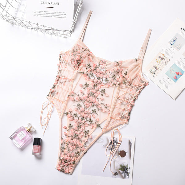 Floral Embroidery Lace Up Lingerie Jumpsuit