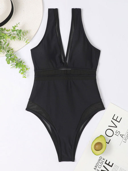 V Neck 1 Piece Swimsuit