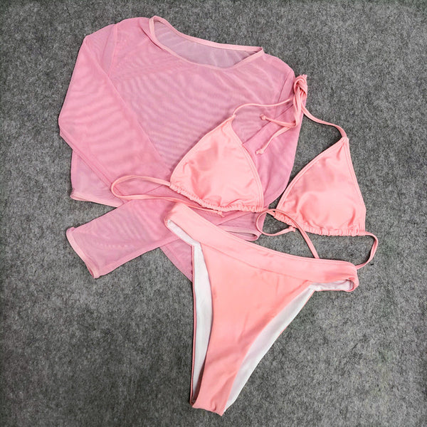 3 Piece Bikini Mesh Top Swimsuit