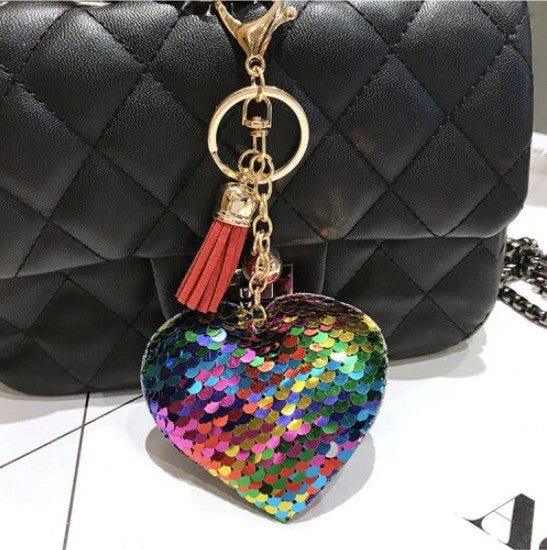 Sequins Heart Tassel Keychains