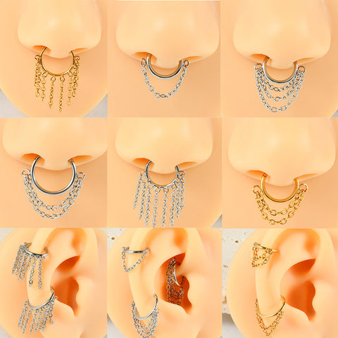 Stainless Steel Closed Nose Ring With Chains