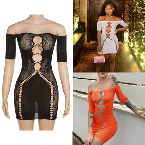 Fishnet Off Shoulder Long Sleeve Cut Out Dress