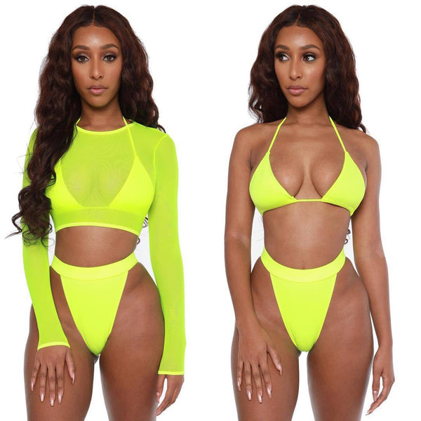 3 Piece Bikini Mesh Top Swimsuit