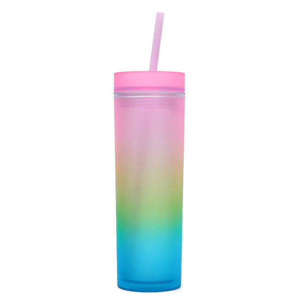 500ml Gradient Color Double Walled Insulated Cup with Straw