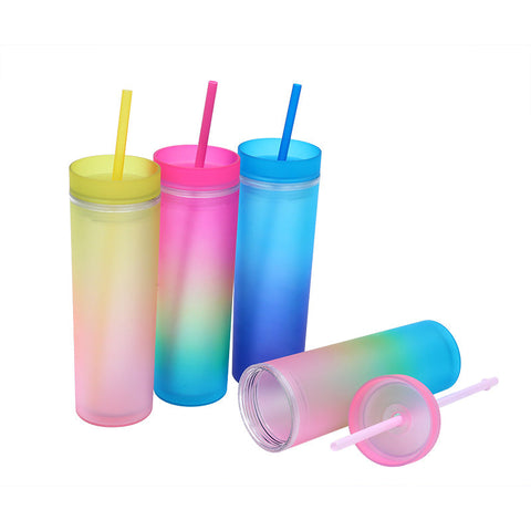 500ml Gradient Color Double Walled Insulated Cup with Straw