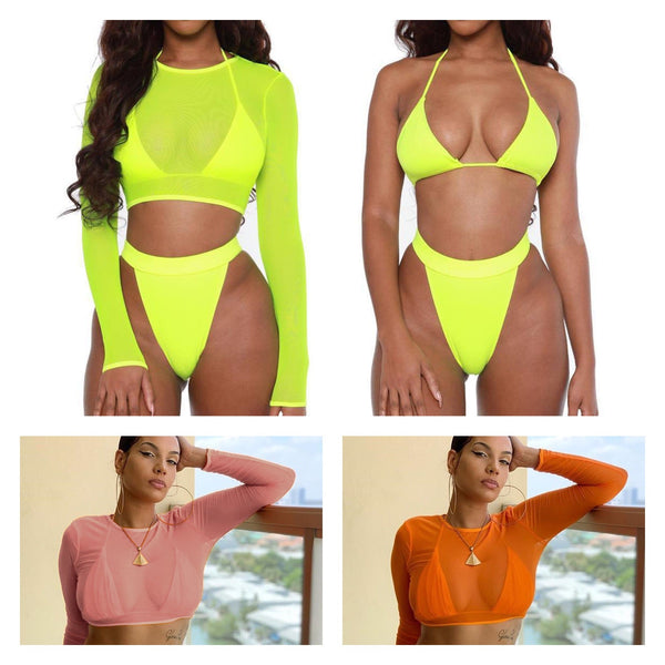 3 Piece Bikini Mesh Top Swimsuit