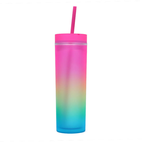 500ml Gradient Color Double Walled Insulated Cup with Straw