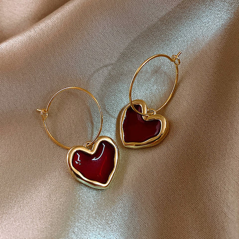 Red Heart Charm Hoop Earrings