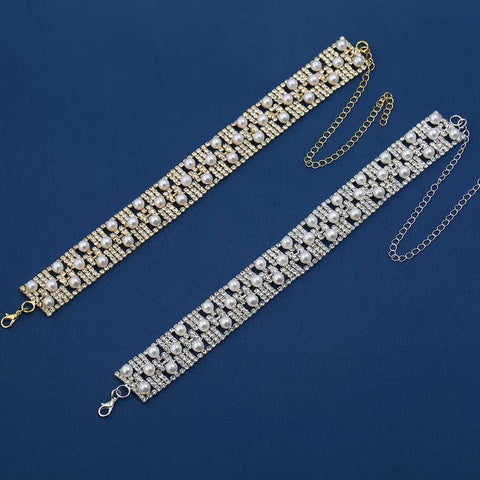 Shiny Rhinestone Pearl Stitching Beam Neck Choker