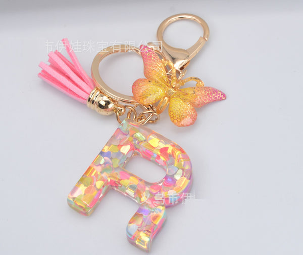 Resin Initial Key Chain with Butterfly