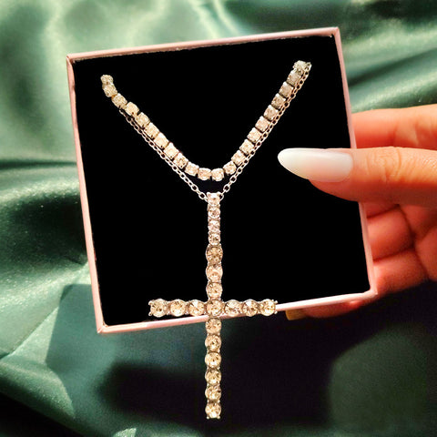 Layered Diamante Cross Pendant Necklace