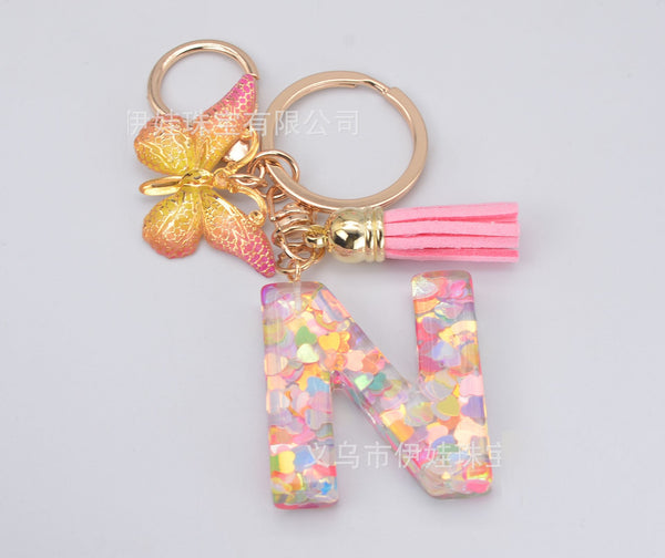 Resin Initial Key Chain with Butterfly